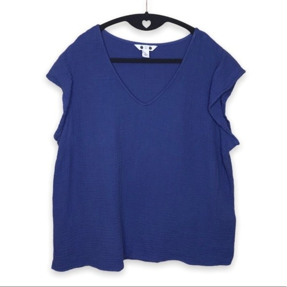 Three Dots Cotton Double Gauze Cap Sleeve V Neck Dusty Blue Top Women Size Large